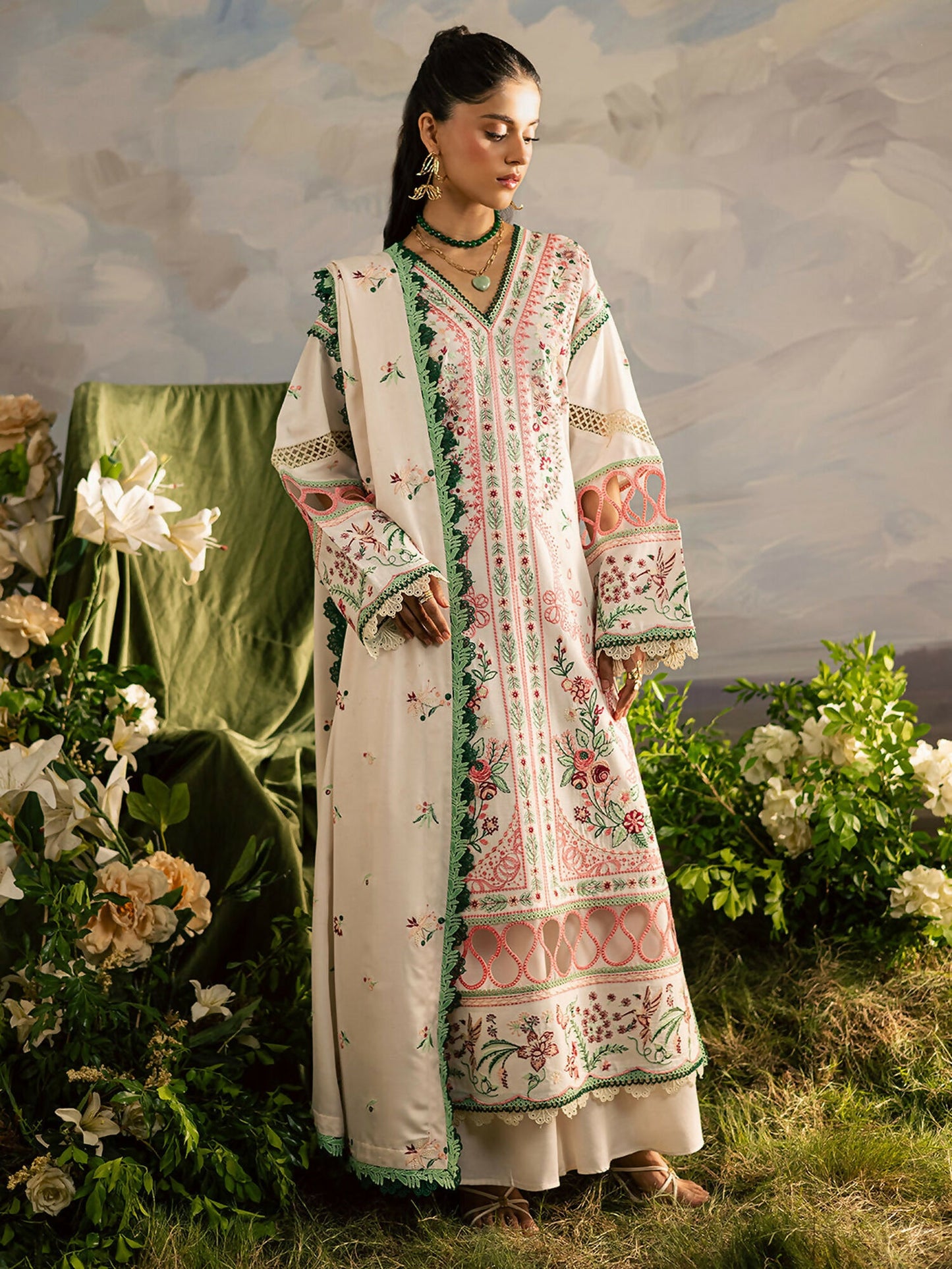 Mahnur Kaia Slub Linen Embroidered Stitched 3-Piece Suit-K- 11