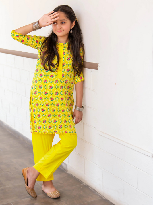 Kidoz Kloset Cotton Printed Stitched 2-Piece Suit-Daisy-Printed Yellow Kurta