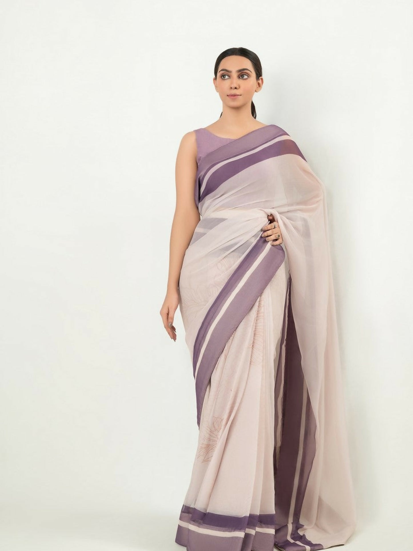 Imran Aftab digital printed chiffon saree with stitched raw silk blouse, elegant design with soft lightweight fabric for graceful wear-IASC 19.