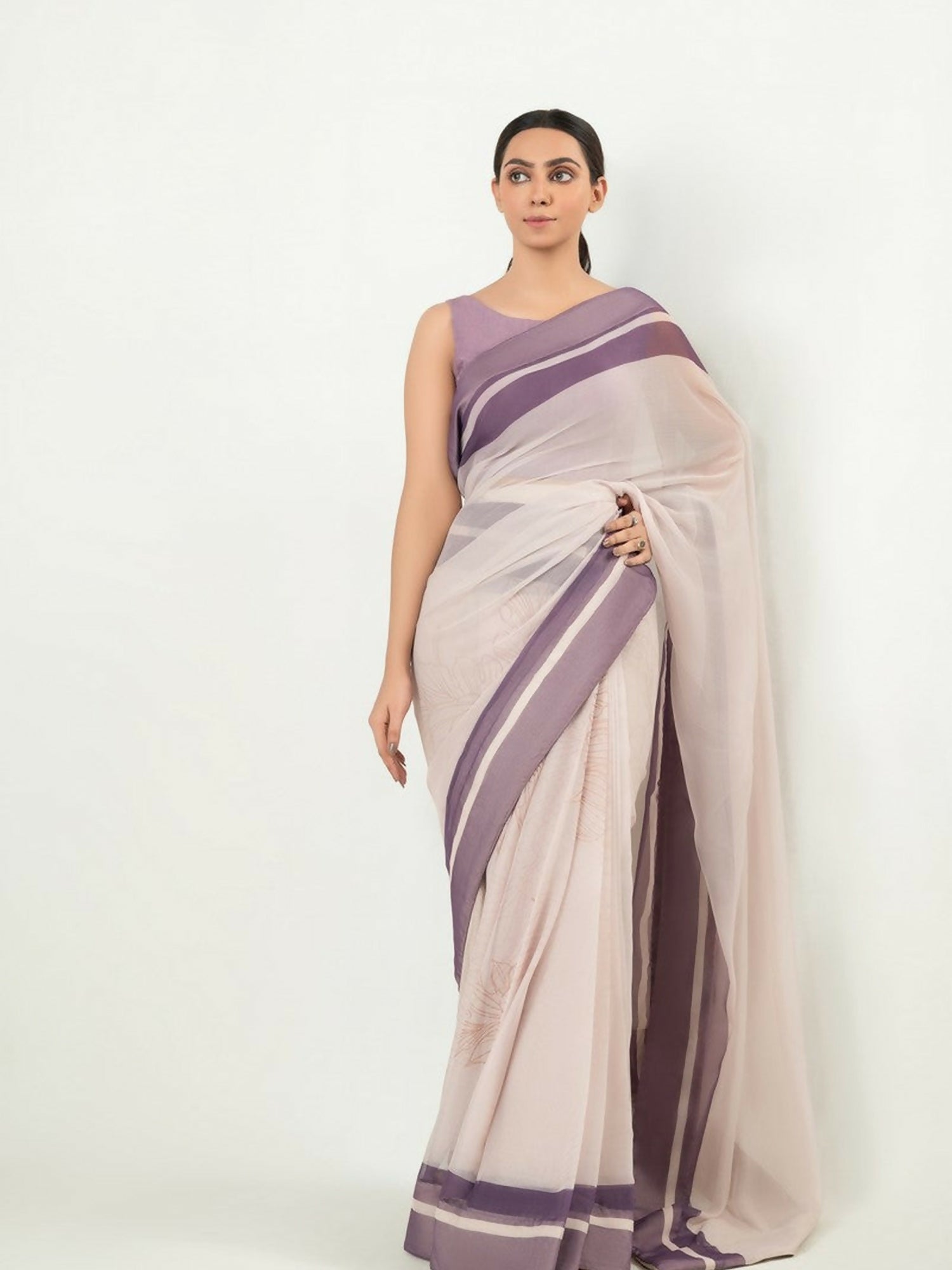 Imran Aftab digital printed chiffon saree with stitched raw silk blouse, elegant design with soft lightweight fabric for graceful wear-IASC 19.