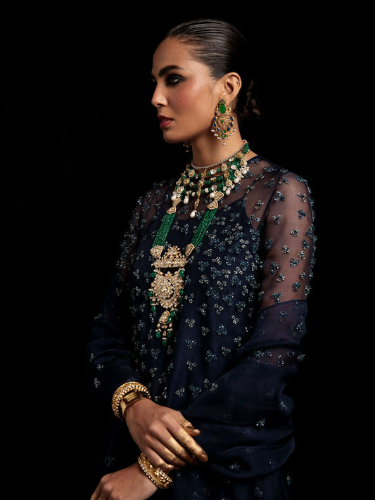 ussain Rehar navy blue embellished organza shirt with raw silk chooridar and organza dupatta