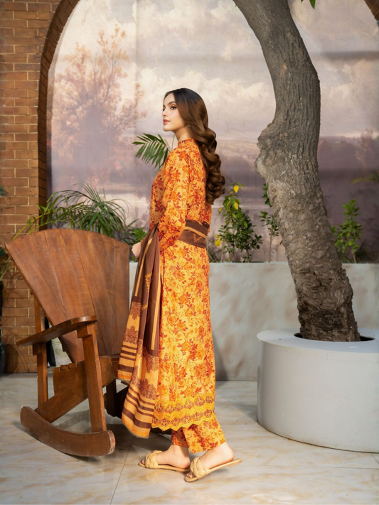 Panache Apparel Fiona SS'25 Cambric Lawn Embroidered Stitched Suit-Citrine