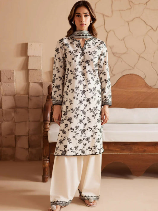 Stylish Collection Enchant Pret Lawn Cotton Embroidered 3-Piece Suit-Gulnar White