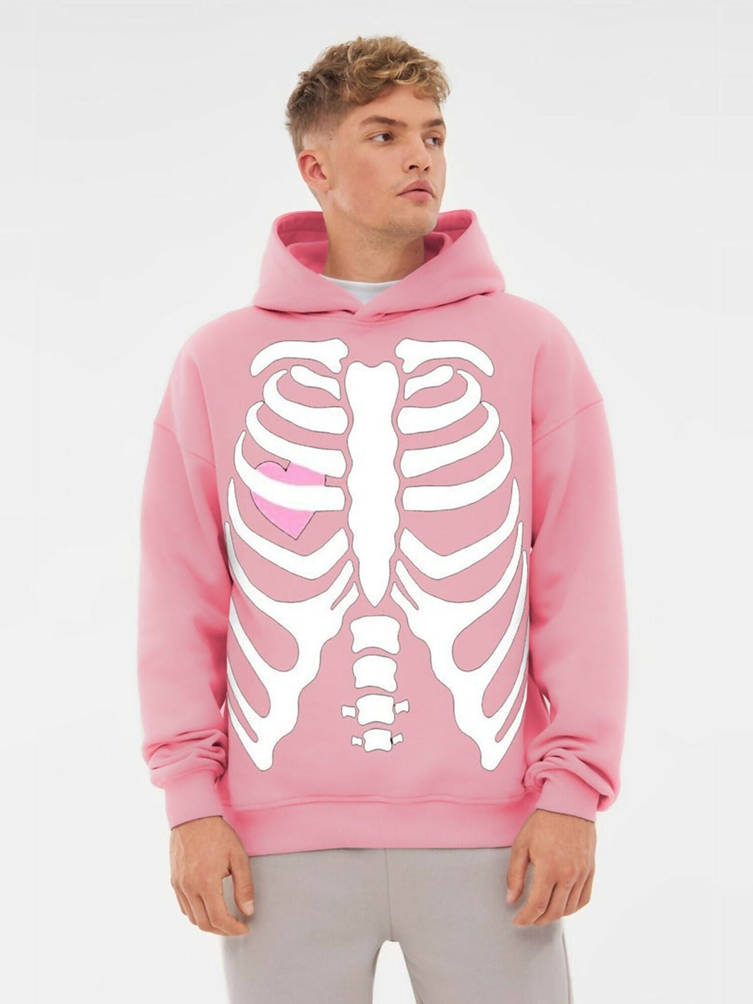 Pink Jupiter Hotep Oversized Skull & Heart Printed Hoodie-14982