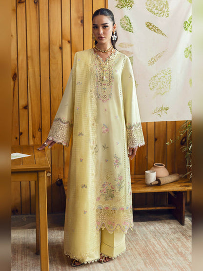 Pastel Yellow Qalamkar Qlinekari Lawn Embroidered Unstitched 3-Piece Suit-DC-04 Keva