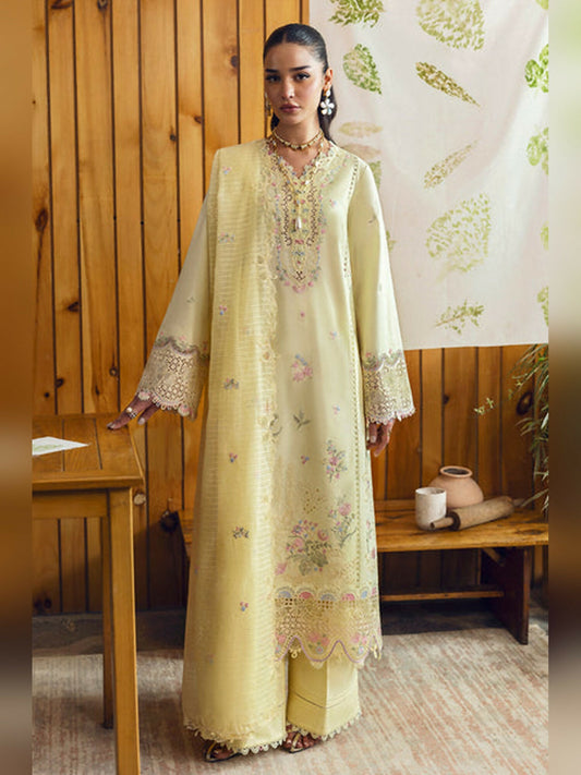 Pastel Yellow Qalamkar Qlinekari Lawn Embroidered Unstitched 3-Piece Suit-DC-04 Keva