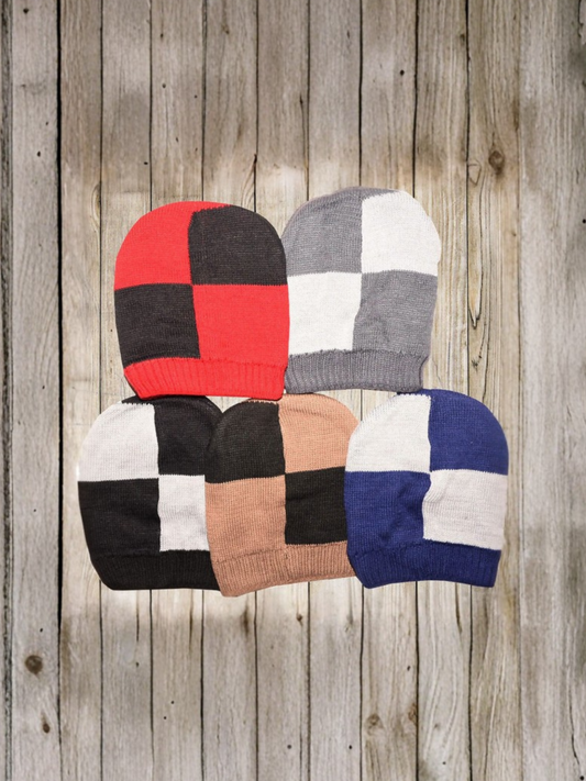 ChatGPT said:  Funky's Color Block Inside Fur Beanie-11887 in black, blue, brown, grey, and maroon synthetic wool.