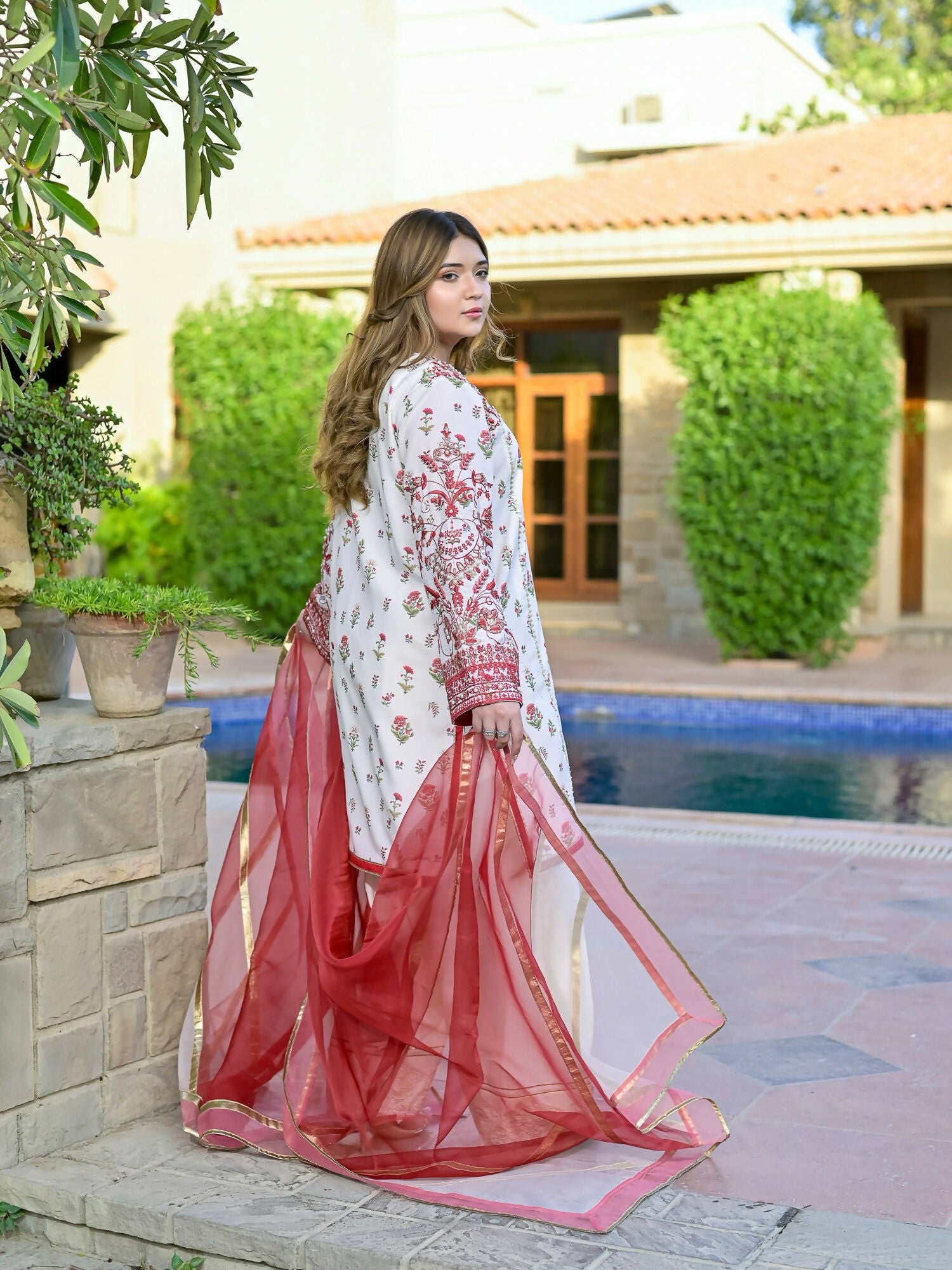 Farooq Hameed Studio Silk Embroidered Stitched 3-Piece Suit-Crimsal