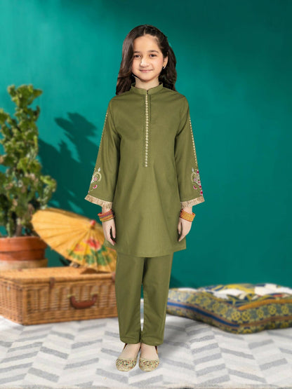 Olive Green Velvour Girls Embroidered Stitched 2-Piece Suit-VG73-B