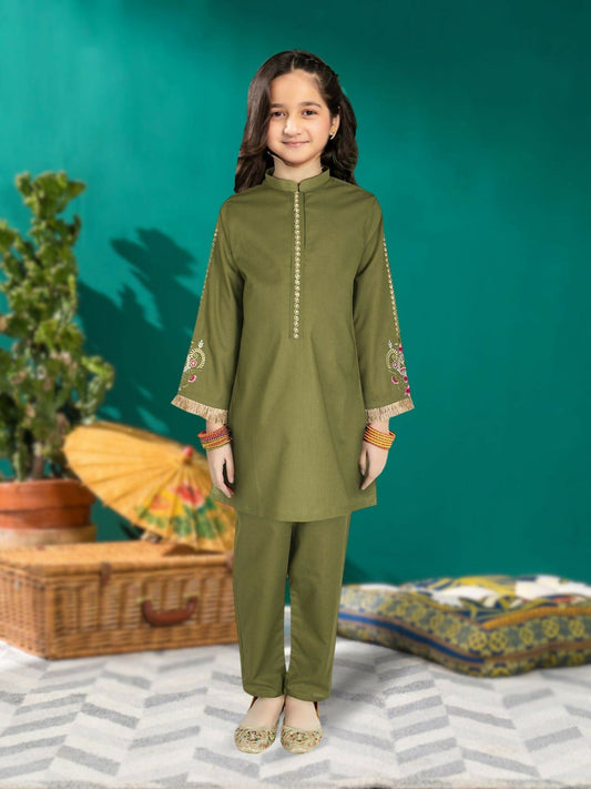Olive Green Velvour Girls Embroidered Stitched 2-Piece Suit-VG73-B
