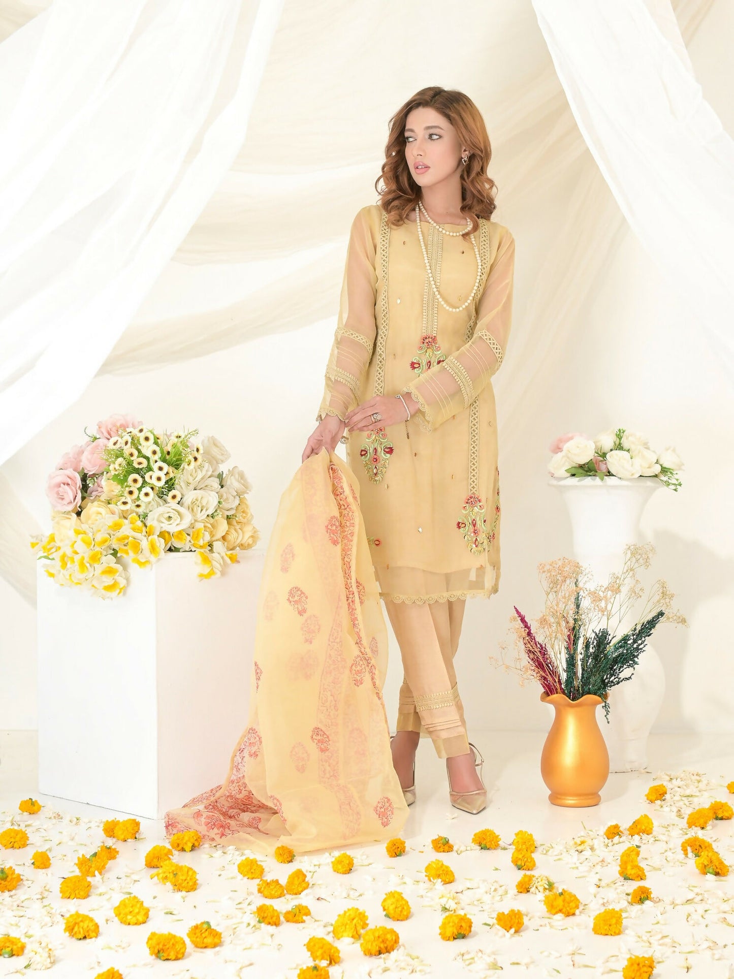 Ruby's Couture Gul-Bahar Organza Embroidered Stitched 3-Piece Suit-Zawiya