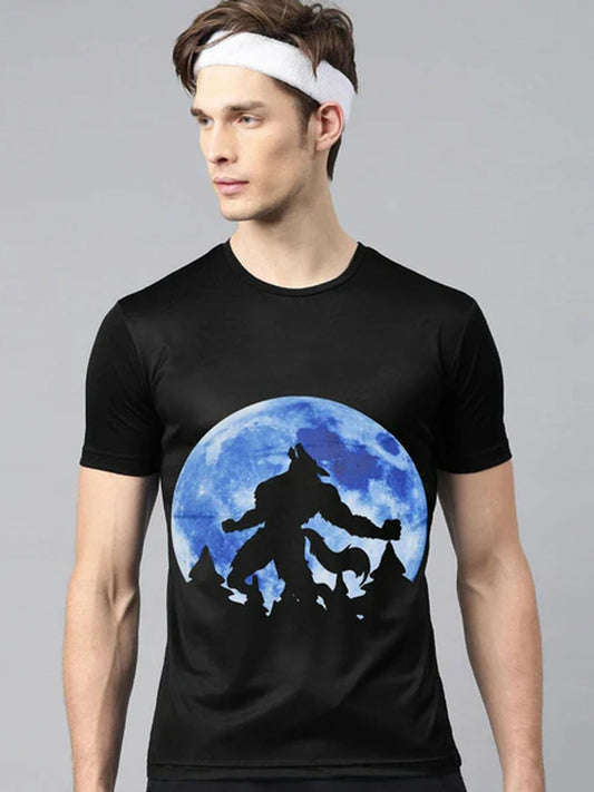 Black Funky Printed Werewolf Full Moon Graphics Tee-Shirt-11804