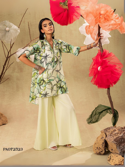 Unstitched 2-piece suit featuring a printed shirt and dyed trouser, suitable for everyday wear.
