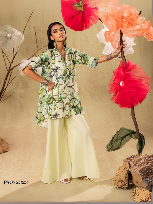 Unstitched 2-piece suit featuring a printed shirt and dyed trouser, suitable for everyday wear.