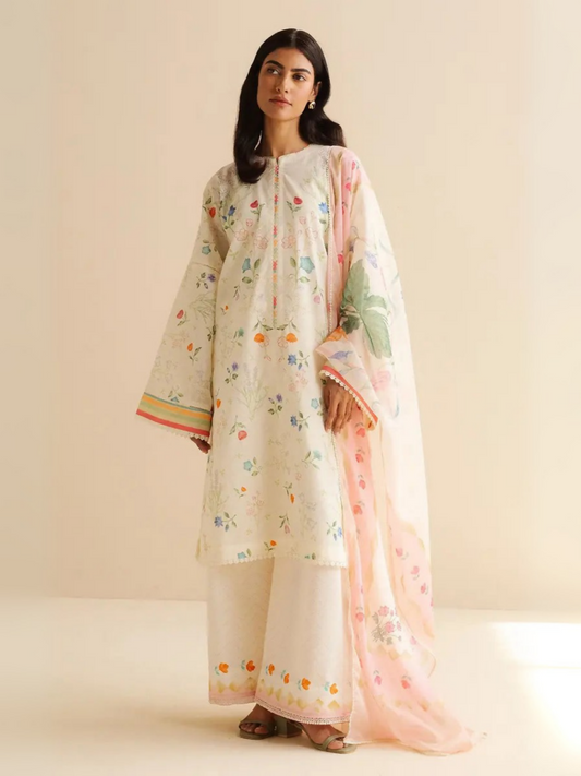Unstitched 3-piece printed suit with floral lawn shirt, matching cambric trouser, and digitally printed silk dupatta.