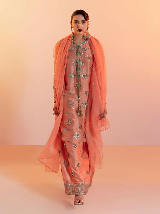 Hussain Rehar stitched 3-piece suit featuring a peach raw silk embellished shirt with sequins, cutdana, naqshi and embroidered neckline, paired with raw silk shalwar and organza dupatta.