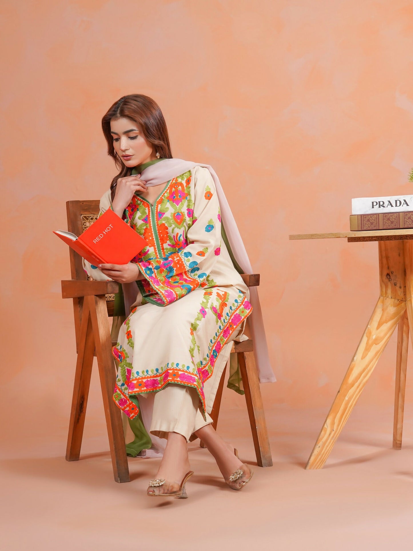 Tawakal Closet Linen Embroidered Stitched 3-Piece Suit-Multi Beige