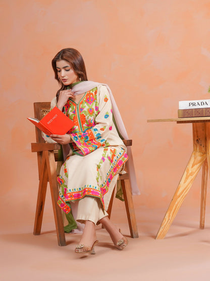 Tawakal Closet Linen Embroidered Stitched 3-Piece Suit-Multi Beige