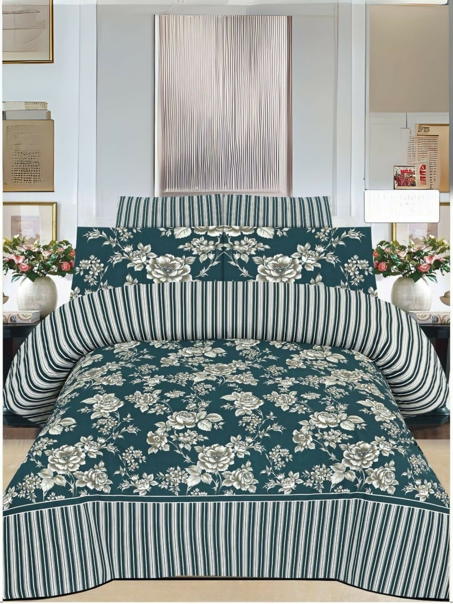 Green bedsheet with white leaves print – includes king size bedsheet and two pillow covers.