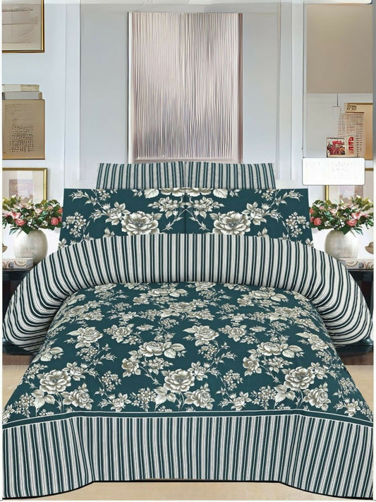 Green bedsheet with white leaves print – includes king size bedsheet and two pillow covers.