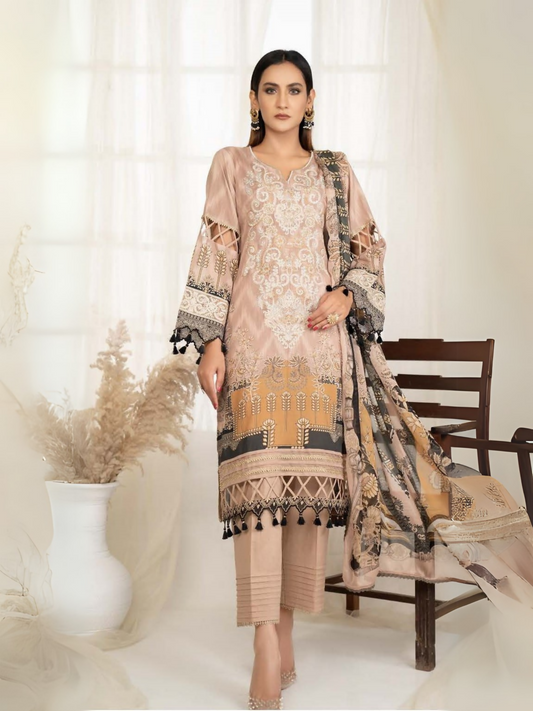 Beige Sitara Lawn Embroidered Unstitched 3-Piece Suit-122