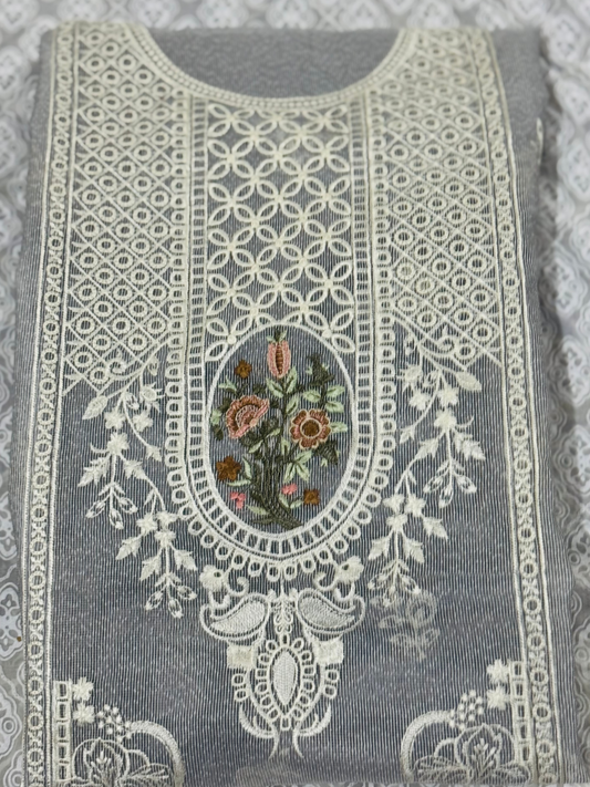Fehm unstitched 2-piece suit with floral vase embroidery on cotton net shirt and matching embroidered cotton net dupatta.
