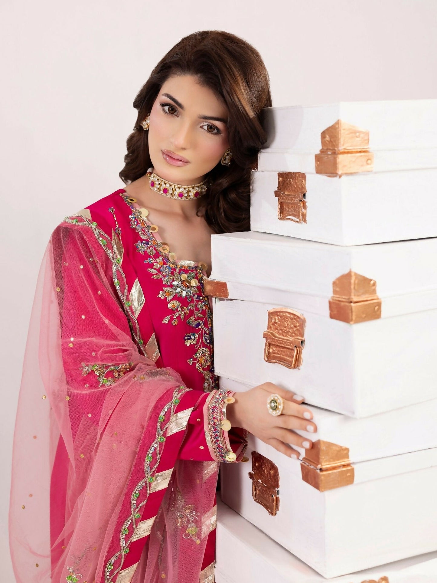 Shurooq Echoes In Bloom Silk Embellished Stitched 3-Piece Suit-Fuschia Flame