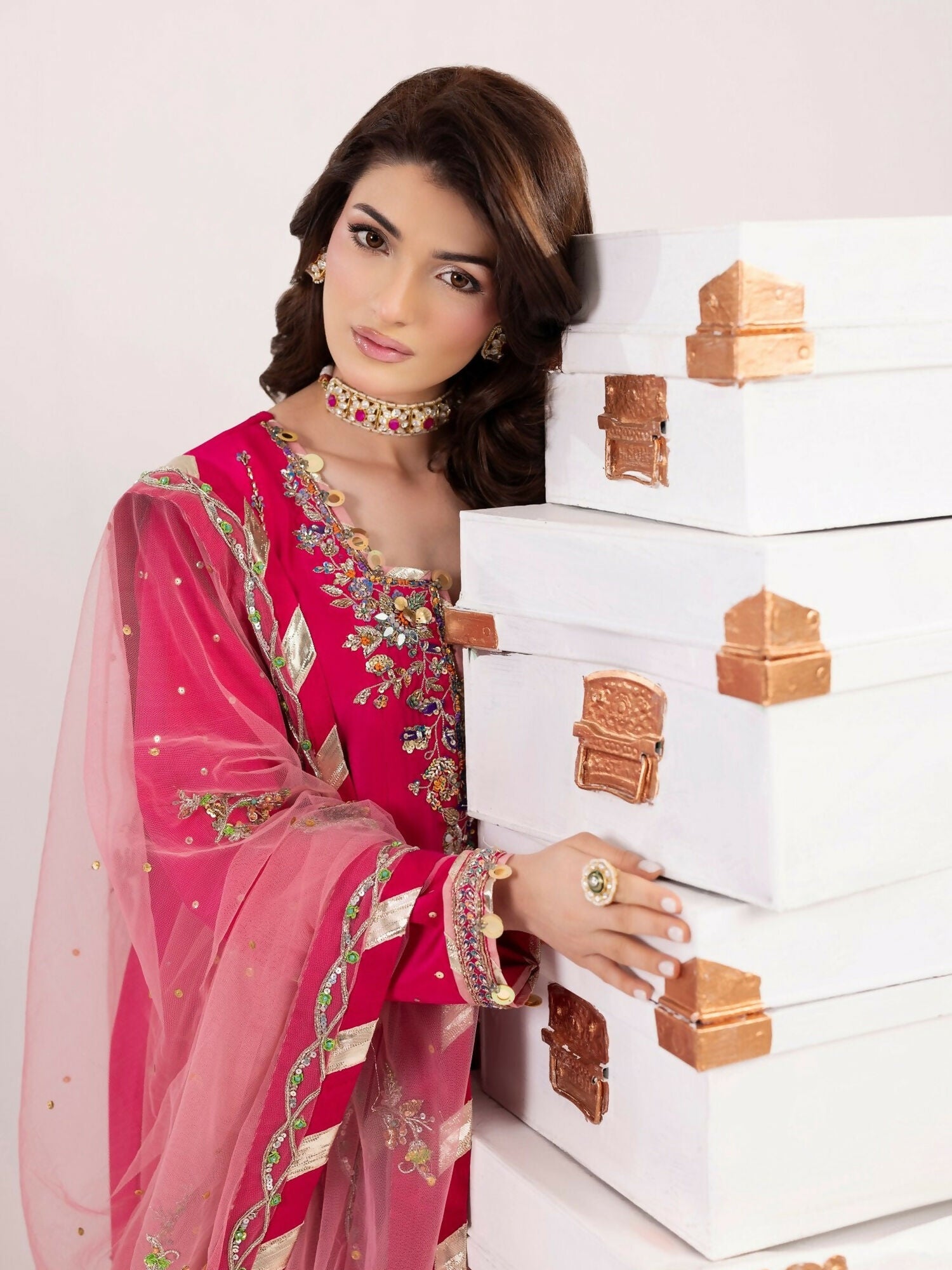 Shurooq Echoes In Bloom Silk Embellished Stitched 3-Piece Suit-Fuschia Flame