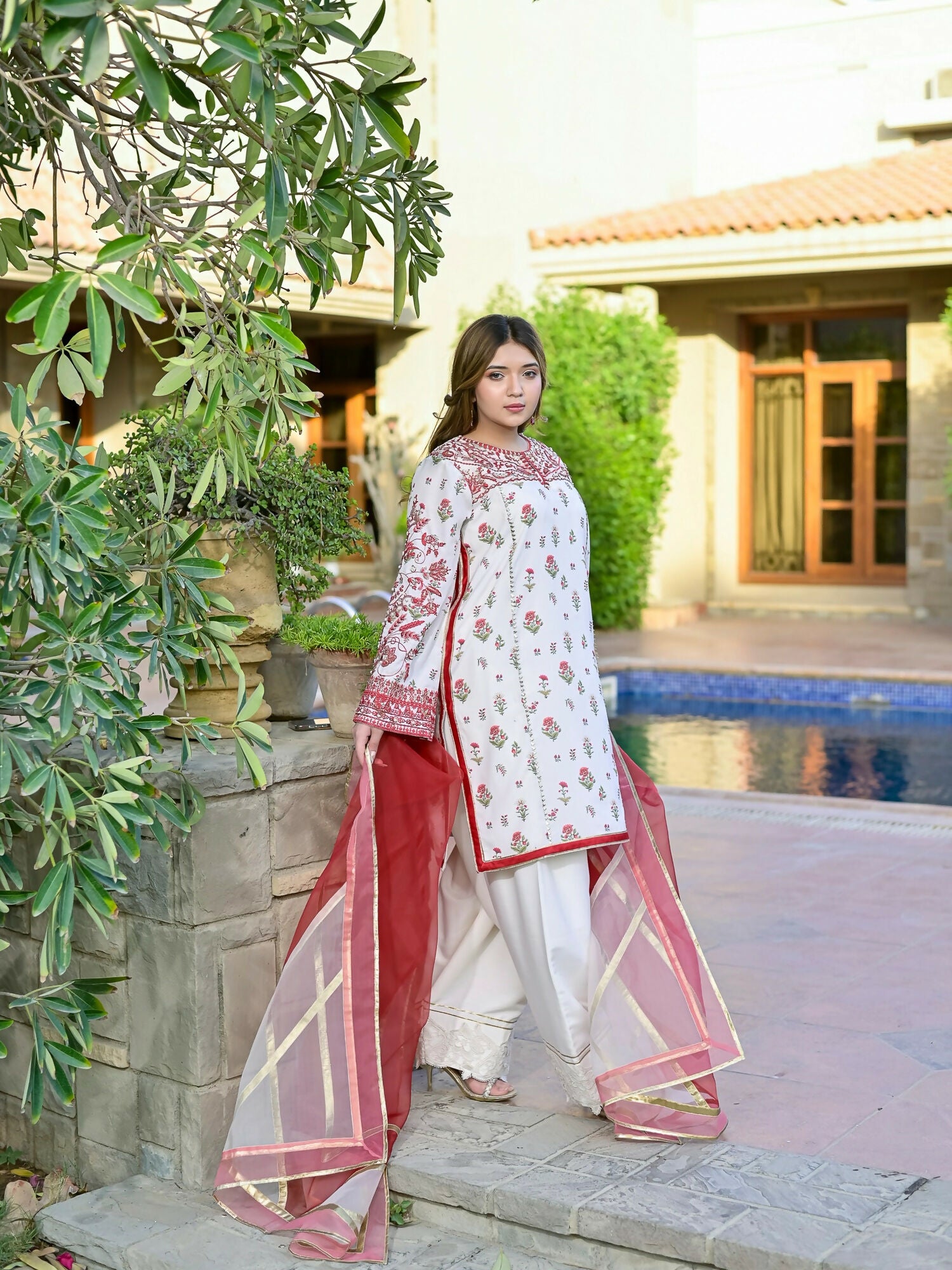 Farooq Hameed Studio Silk Embroidered Stitched 3-Piece Suit-Crimsal
