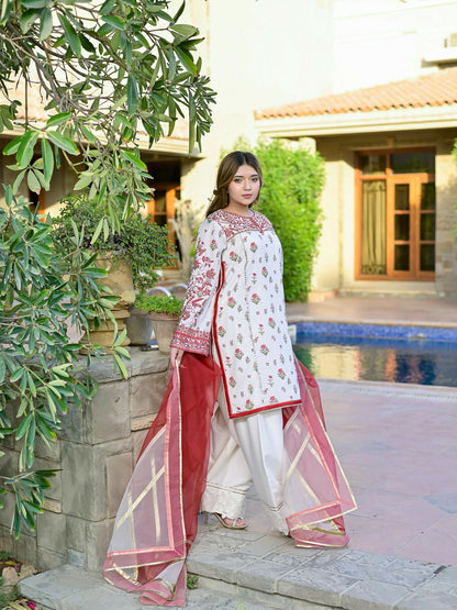 Farooq Hameed Studio Silk Embroidered Stitched 3-Piece Suit-Crimsal