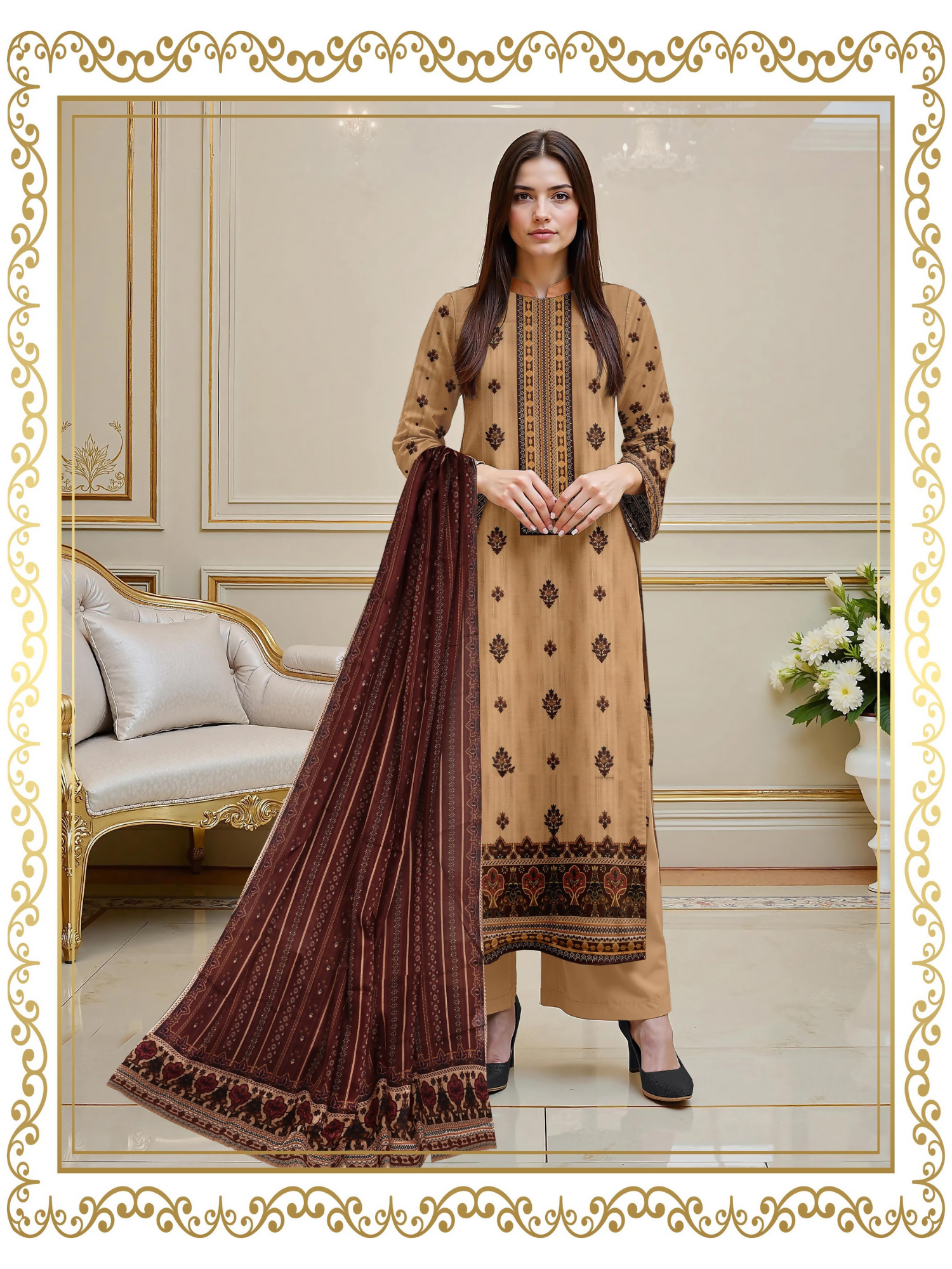 Girl standing in an unstitched 3-piece suit with premium printed lawn shirt, slub voile dupatta, and dyed cotton trouser, crafted for stylish seasonal wear.