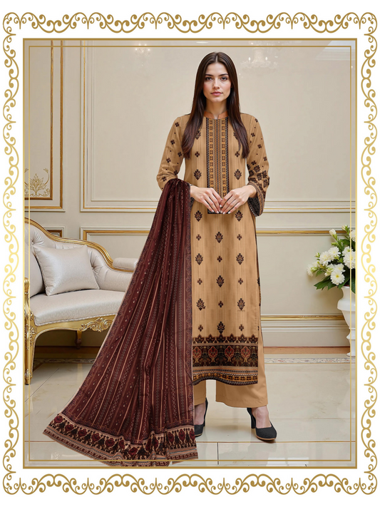 Girl standing in an unstitched 3-piece suit with premium printed lawn shirt, slub voile dupatta, and dyed cotton trouser, crafted for stylish seasonal wear.