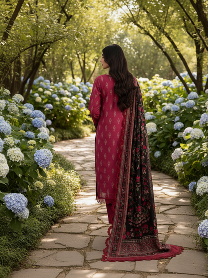 Mausummery Linen Printed Unstitched 3-Piece Suit-Ruby