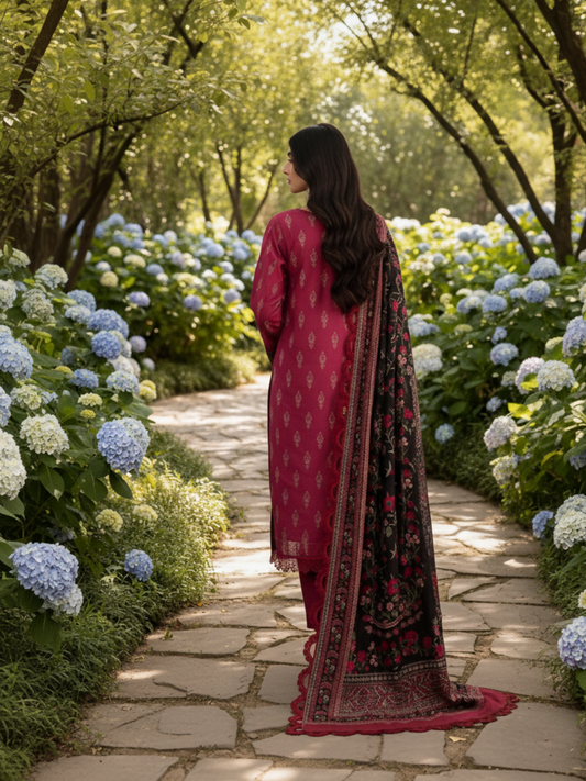 Mausummery Linen Printed Unstitched 3-Piece Suit-Ruby