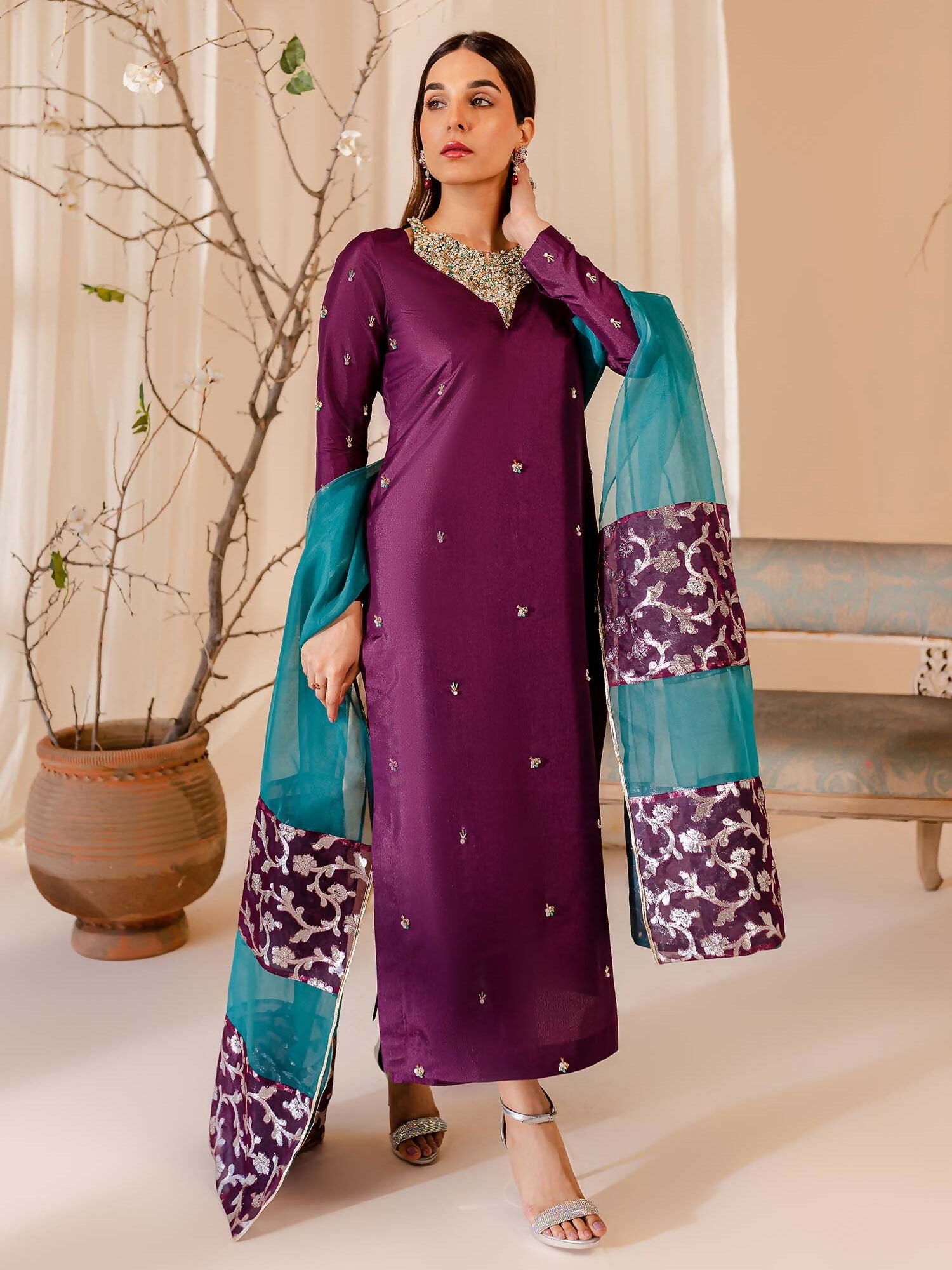 Allure By IH Raw Silk Embellished Stitched 3-Piece Suit-Twilight