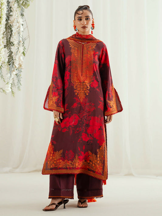 Binilyas Eres Bonita Viscose '25 embroidered unstitched suit with printed shirt, organza lace, chiffon dupatta, and printed trouser.