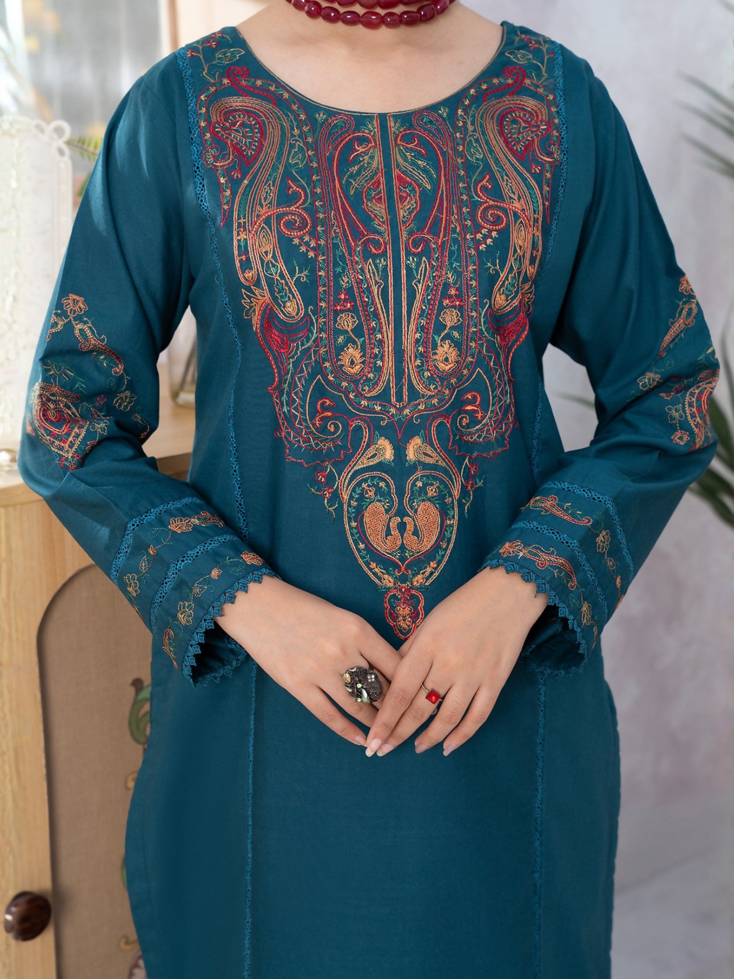 Panache Apparel Winter Basics Khaddar Embroidered Stitched 3-Piece Suit-Empress