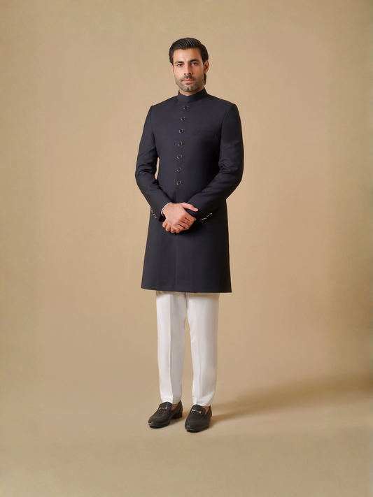 Gem Garments Janaan Jacquard Sherwani-Imperial Navy