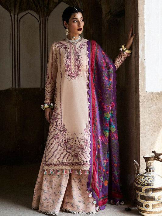 Peachy Pink Hussain Rehar Luxury Lawn Embroidered Unstitched 3-Piece Suit-Lehr