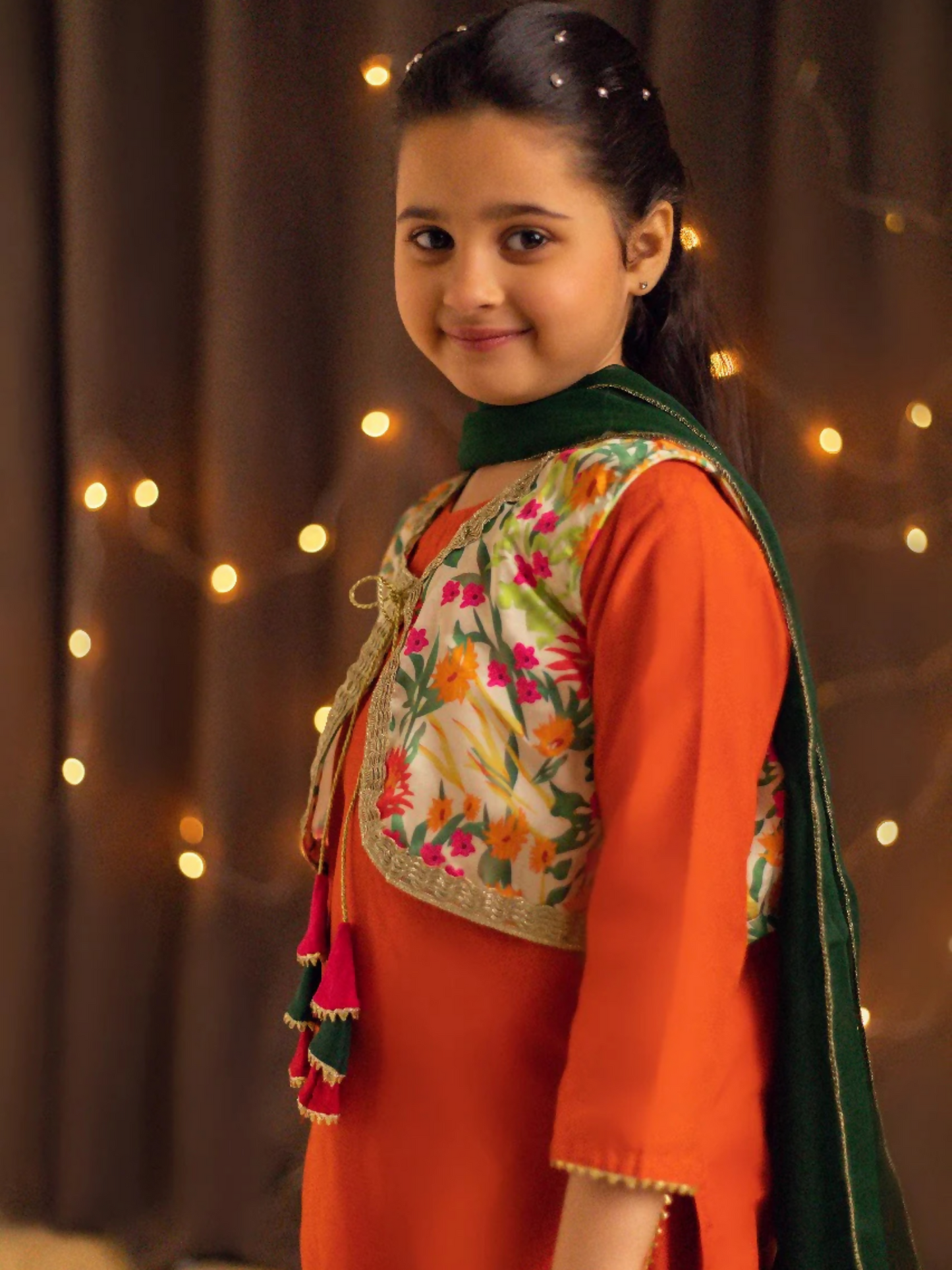 Kidoz Kloset Cotton Silk Embroidered Stitched 4-Piece Suit-Tangy Orange - Dhoti / Tulip Pant Set