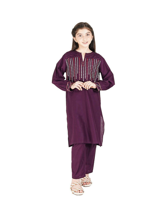Deep Purple Velvour Girls Embroidered Stitched 2-Piece Suit-VG106
