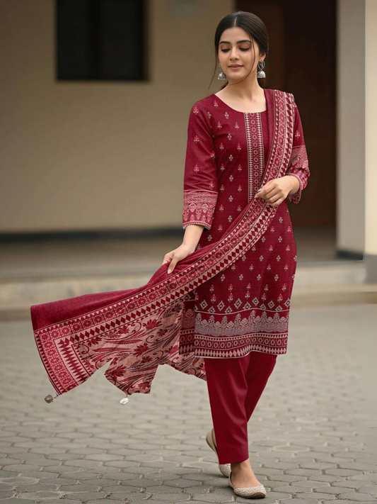 Woman standing in an unstitched 3-piece maroon red suit featuring a digital printed lawn shirt with traditional patterns, matching printed voile dupatta, and plain dyed cotton trouser.