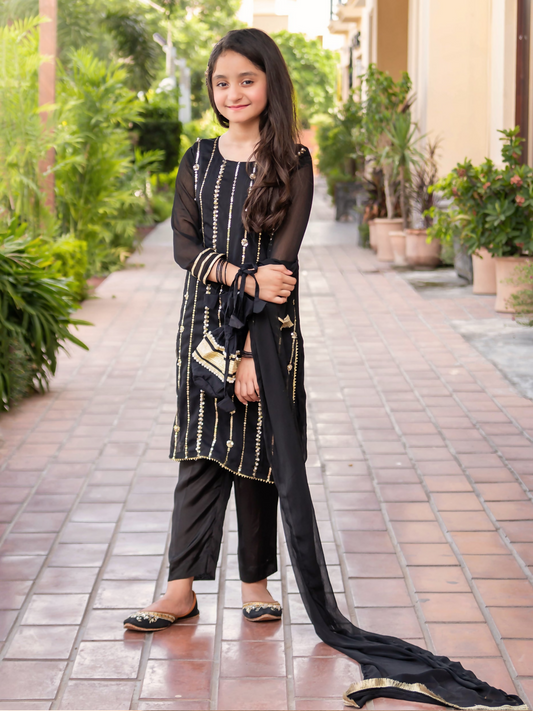 Kidoz Kloset Chiffon Embroidered Stitched 3-Piece Suit-Night Spark