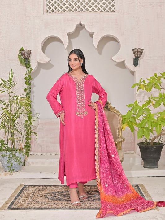 Ruby's Couture Shireen Raw Silk Embroidered Stitched 3-Piece Suit-Basanti