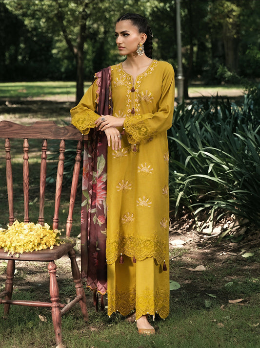 Hemstitch Lawn Embroidered Stitched 3-Piece Suit-Matcha