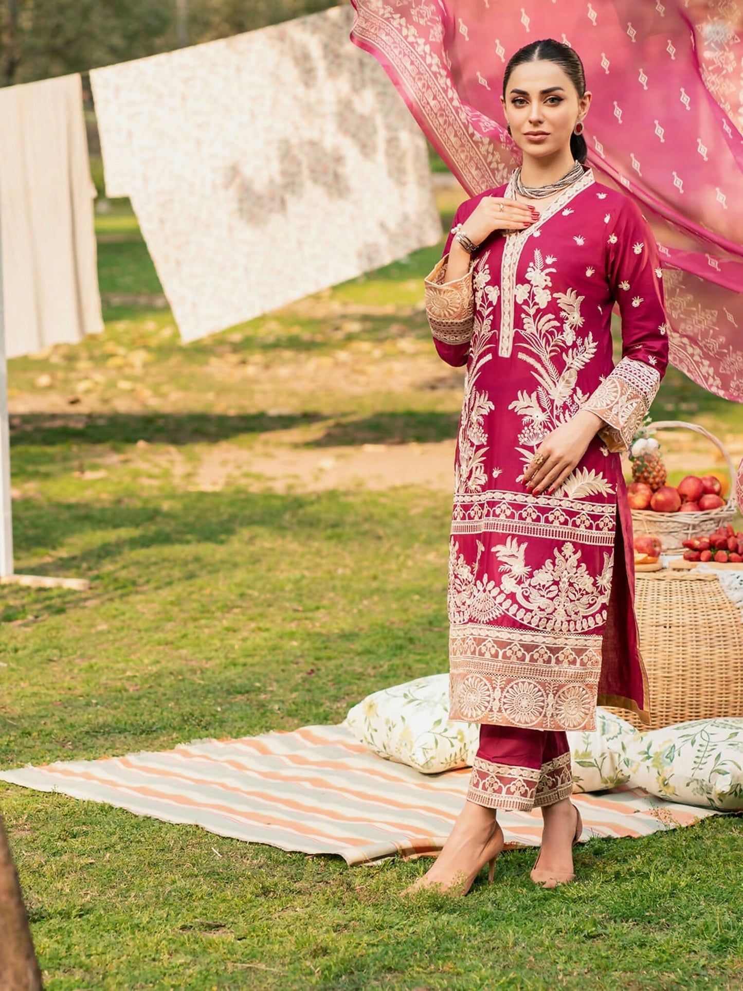 Panache Apparel Lawn Embroidered Stitched 2-Piece Suit-Azalea