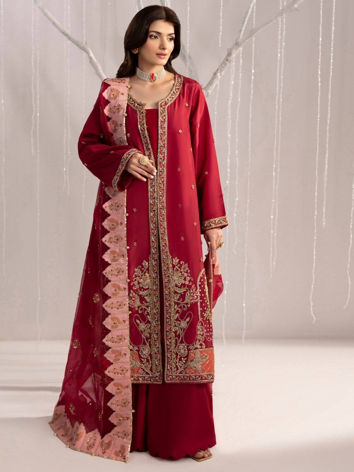 Shurooq Echoes In Bloom Raw Silk Embellished Stitched 3-Piece Suit-Scarlet Reverie