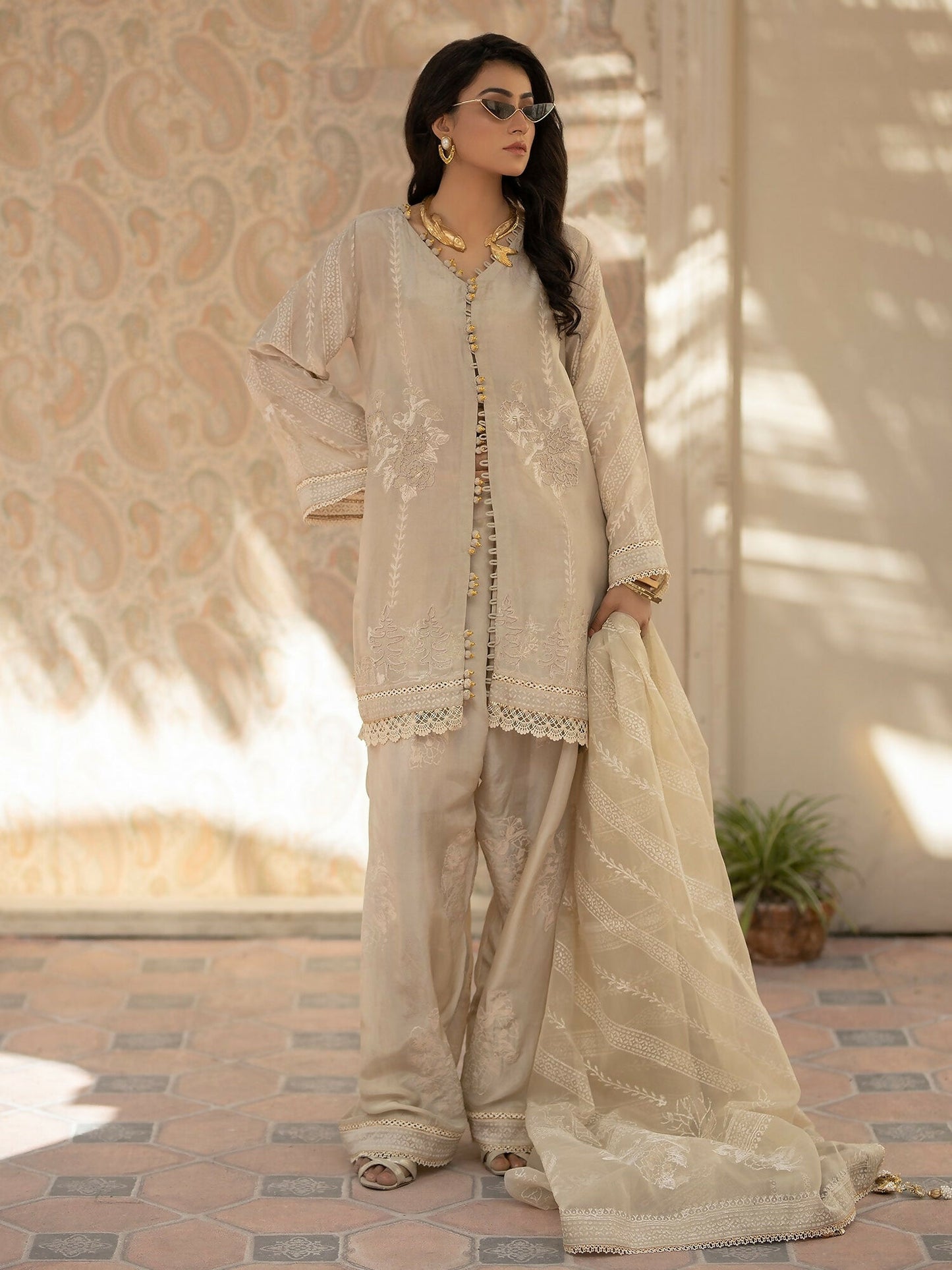 Shiza Hassan Chap Tilak Formals Pure Tusser Silk Embellished Stitched 3-Piece Suit-Carnation