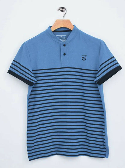 Jupiter Horizontal Stripes Henley Neck Tee-13613