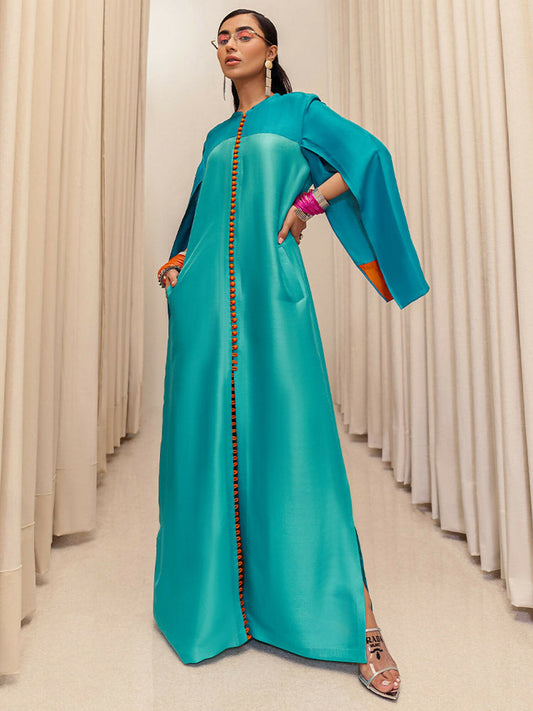 Teal Blue Hussain Rehar Pay Day Volume - II Raw Silk Stitched 1-Peice-VISTA